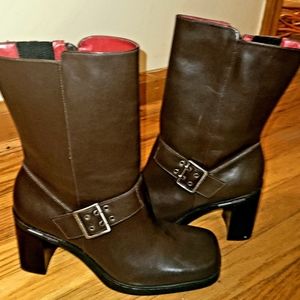 Brown leather block heel boots